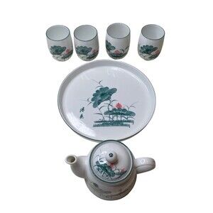 6 piece porcelain tea set with lotus blossom design